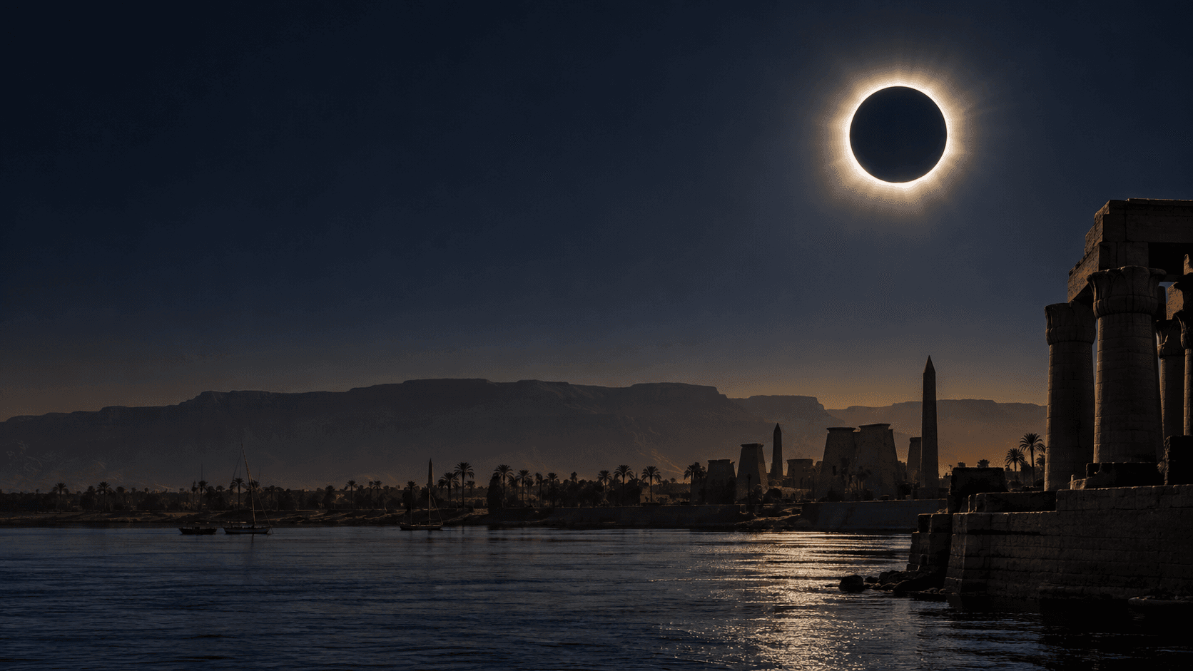 Illustration of totality above the Nile and ancient temple silhouettes