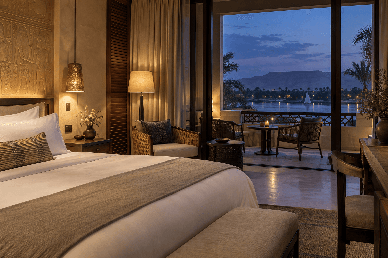Illustration of a calm hotel room overlooking the Nile