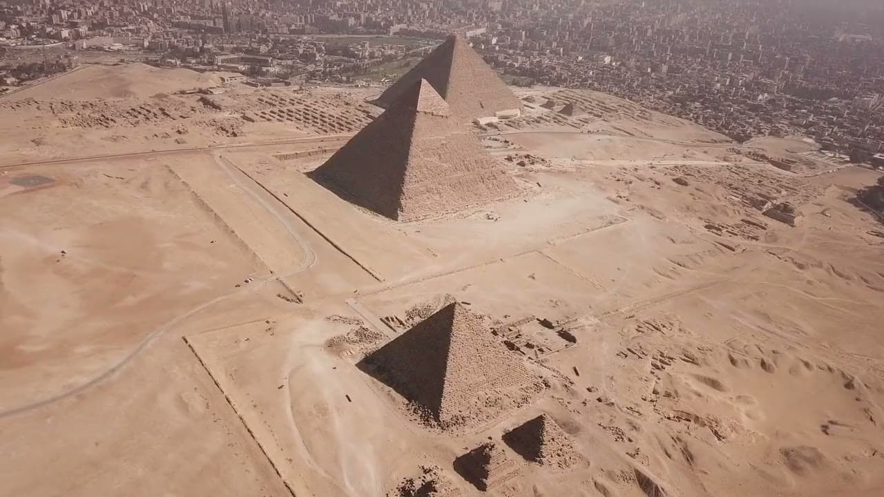 An aerial view of the pyramids at Giza